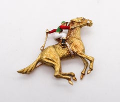 Cartier 1940 Deco Enameled Racing Horse Jockey Brooch in 18kt Gold with Diamonds