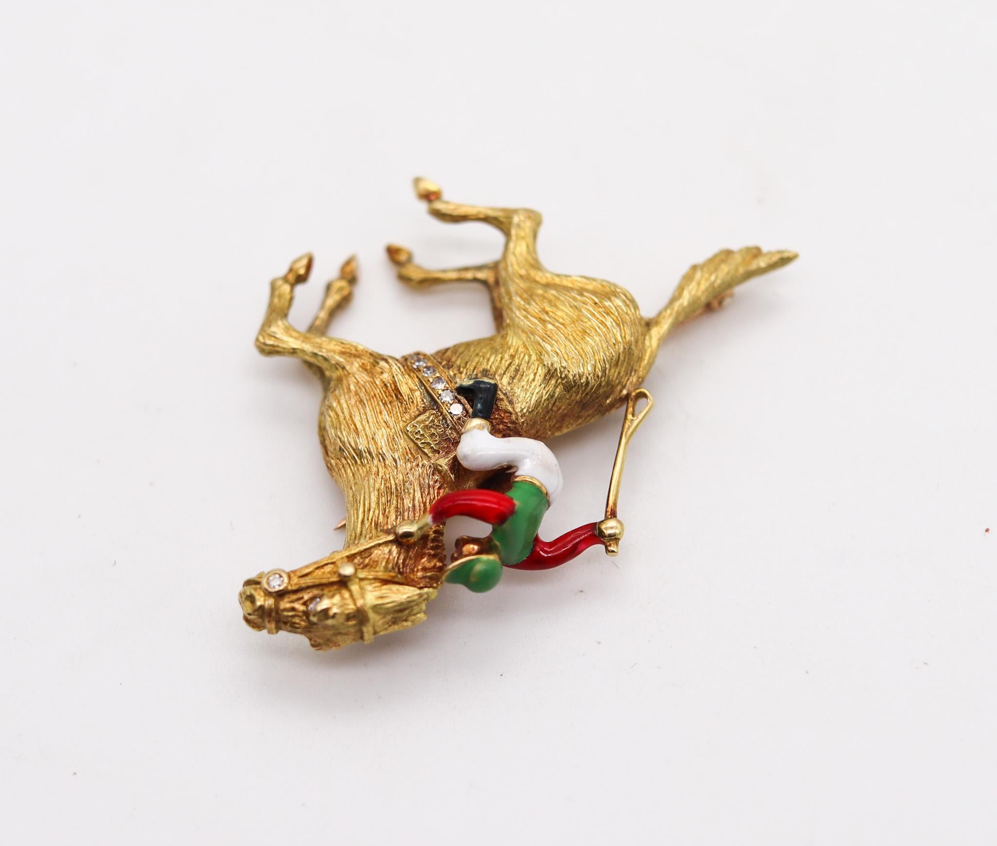 Art Deco Cartier 1940 Deco Enameled Racing Horse Jockey Brooch in 18kt Gold with Diamonds