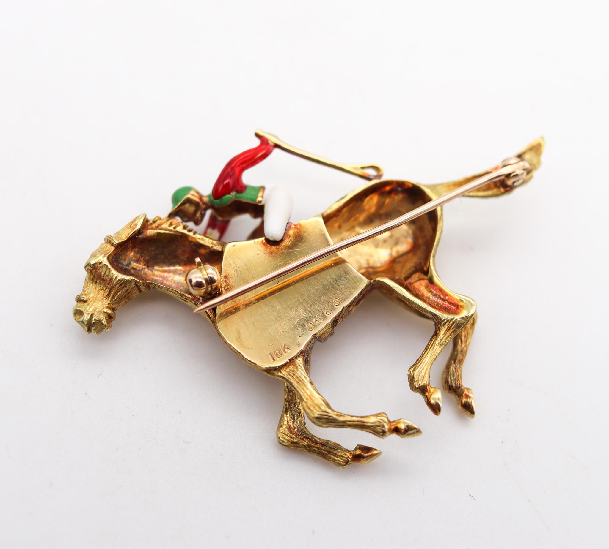 Cartier 1940 Deco Enameled Racing Horse Jockey Brooch in 18kt Gold with Diamonds In Excellent Condition In Miami, FL