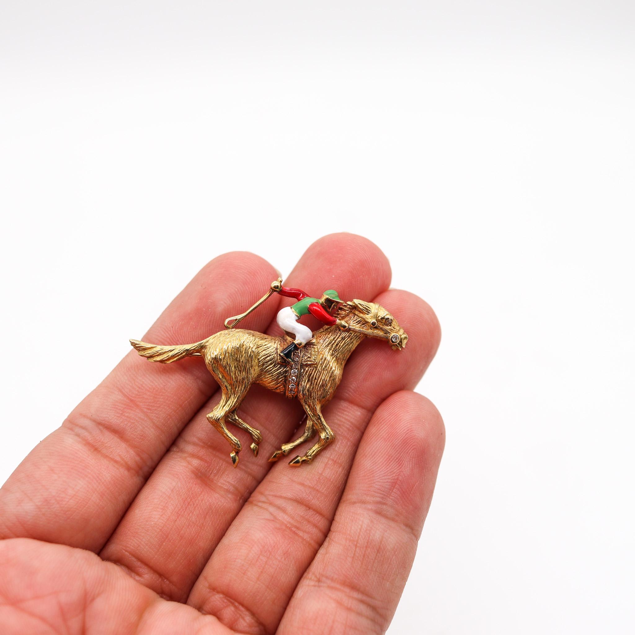 Cartier 1940 Deco Enameled Racing Horse Jockey Brooch in 18kt Gold with Diamonds In Excellent Condition In Miami, FL