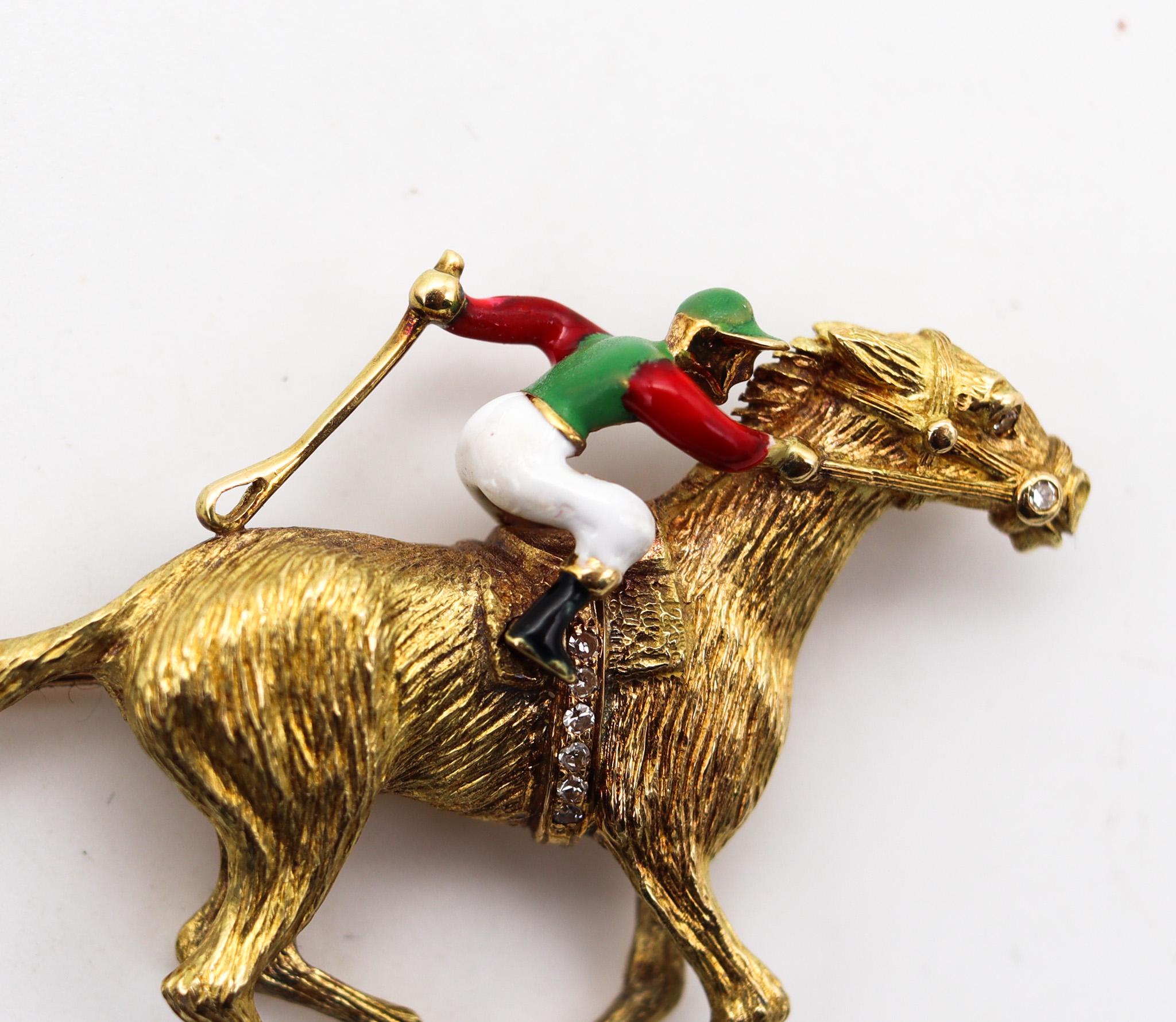 Cartier 1940 Deco Enameled Racing Horse Jockey Brooch in 18kt Gold with Diamonds 2