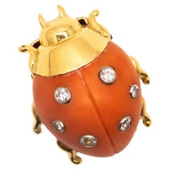 Vintage Cartier 1940 Paris Art-Deco Ladybug Pin Brooch 18Kt Yellow Gold Coral & Diamonds