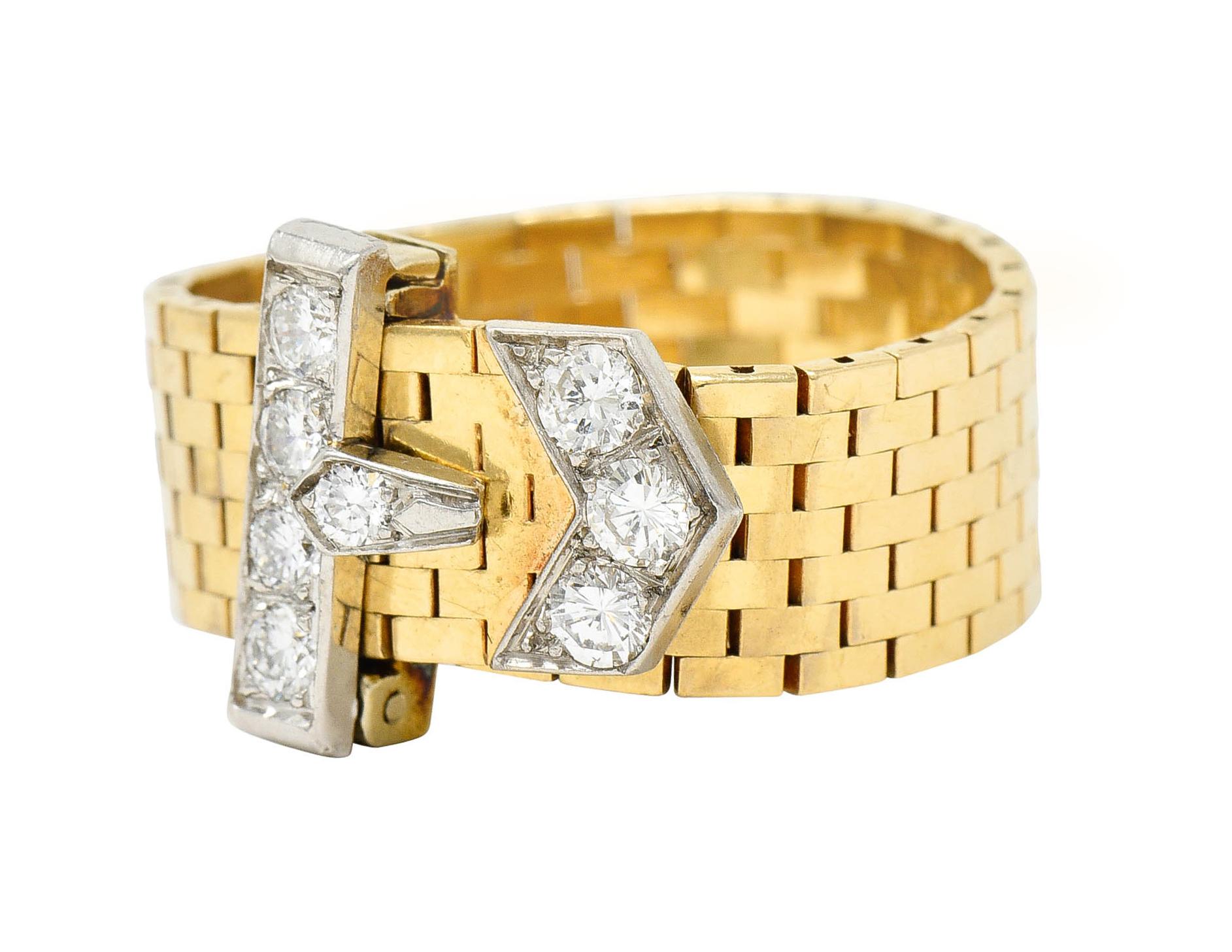 Women's or Men's Cartier 1940's Diamond 14 Karat Two-Tone Gold Retro Adjustable Buckle Ring