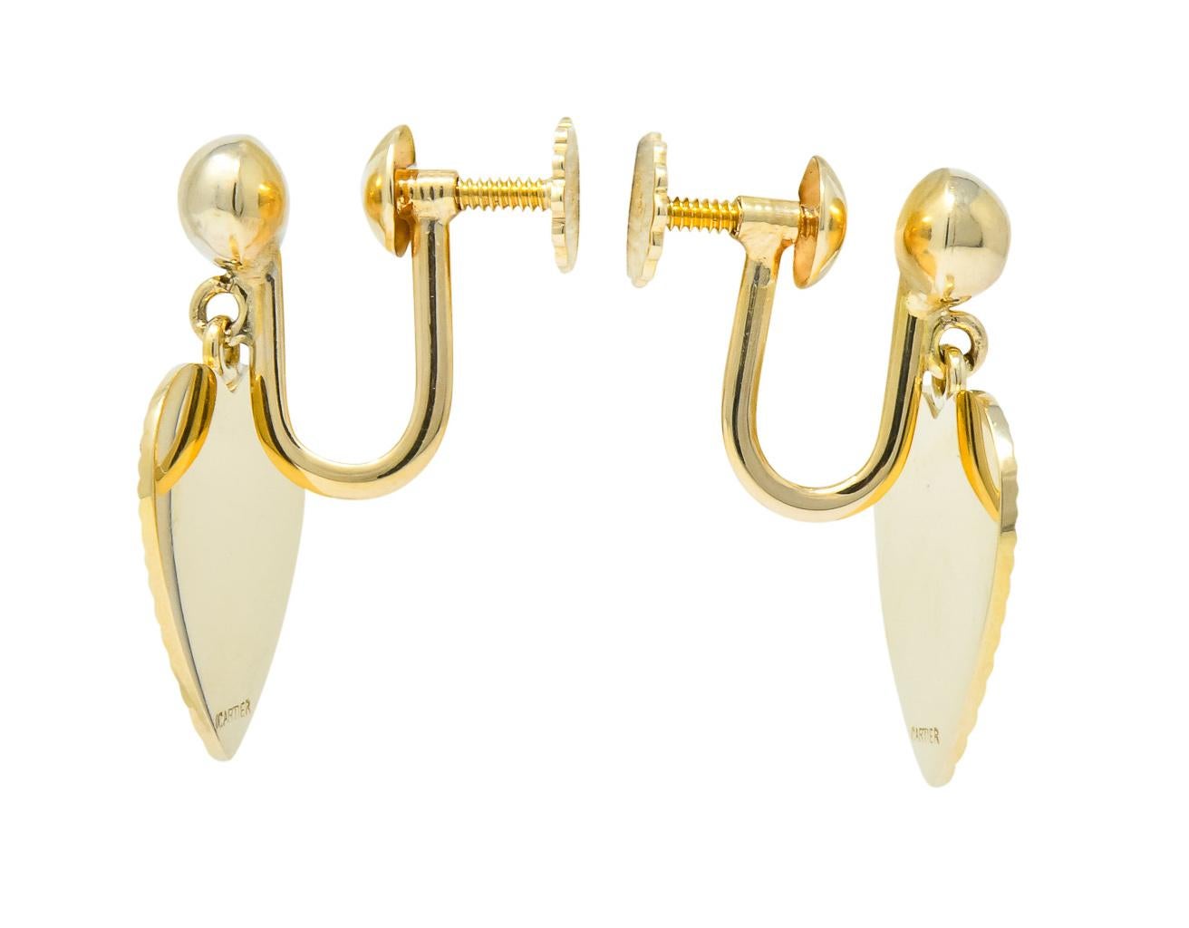 Women's or Men's Cartier 1940s Retro 14 Karat Yellow Gold Heart Drop Earrings