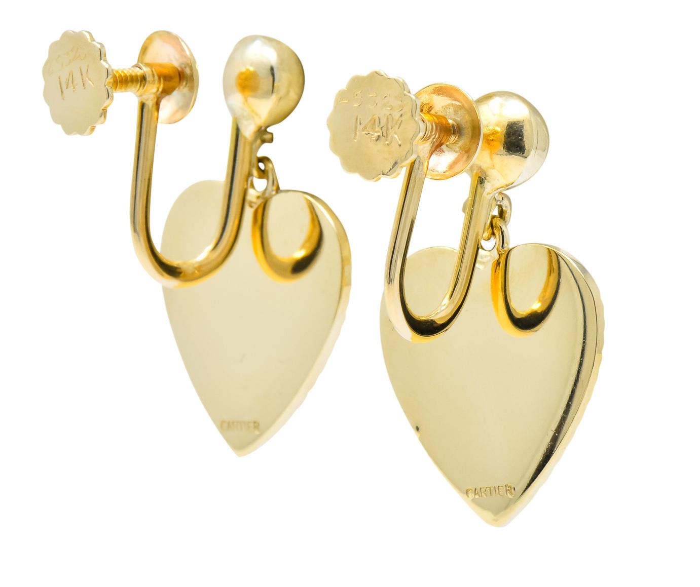 Cartier 1940s Retro 14 Karat Yellow Gold Heart Drop Earrings 1
