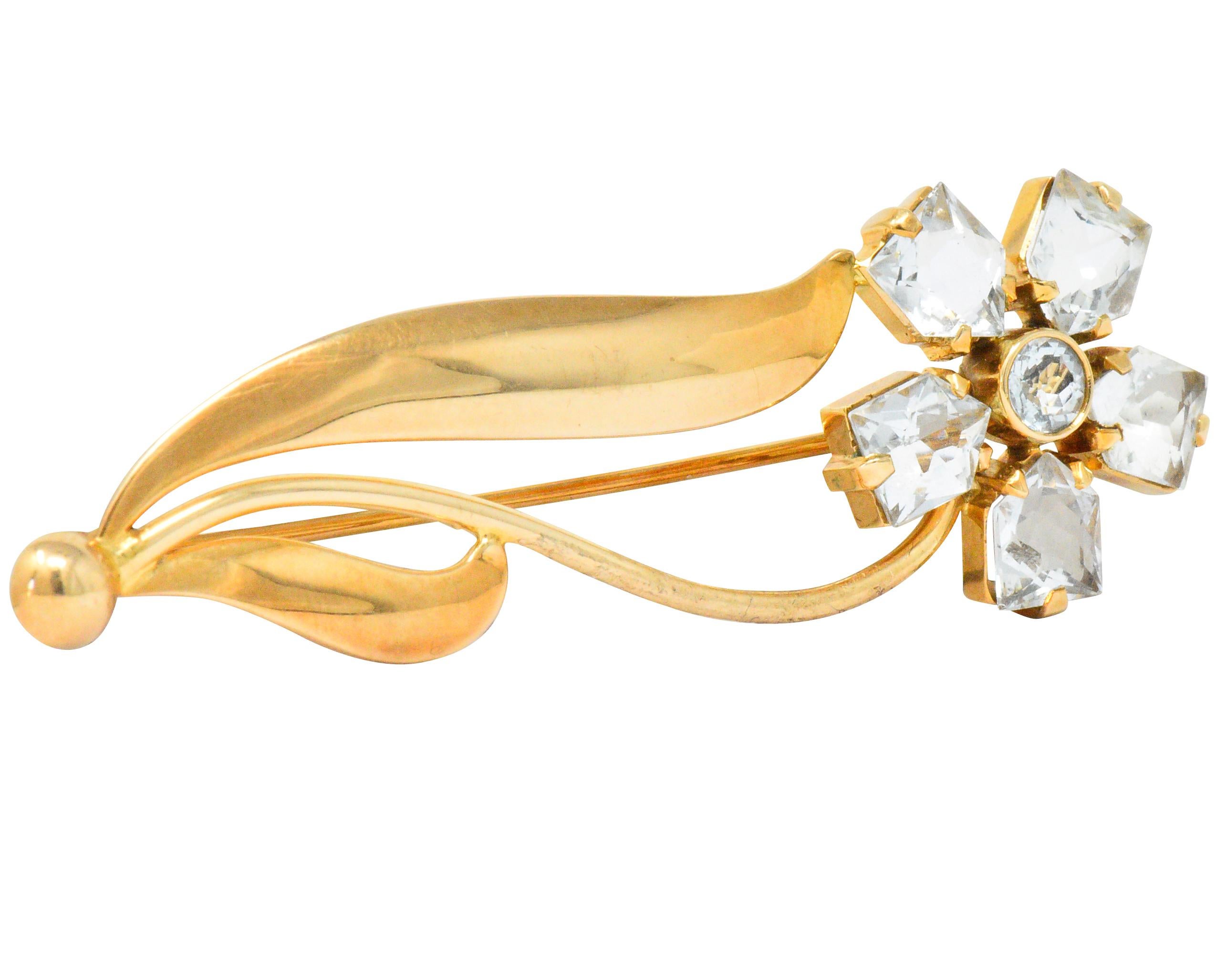 Cartier 1940s Retro Fancy Cut Aquamarine 14 Karat Gold Flower Brooch In Excellent Condition In Philadelphia, PA