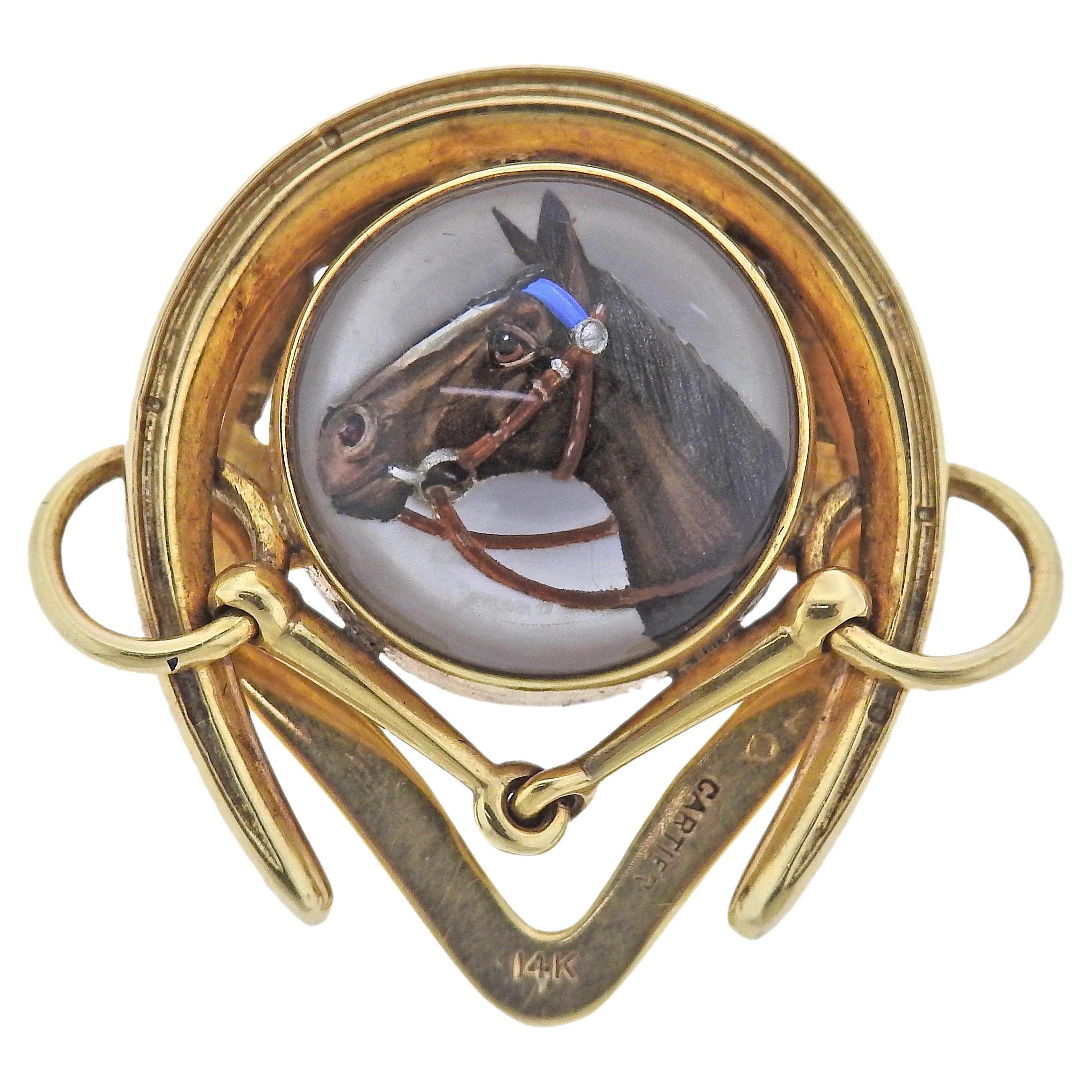 Cartier 1940s Reverse Painting Crystal Horse Equestrian Gold Clip