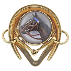 Vintage Cartier 1940s Reverse Painting Crystal Horse Equestrian Gold Clip