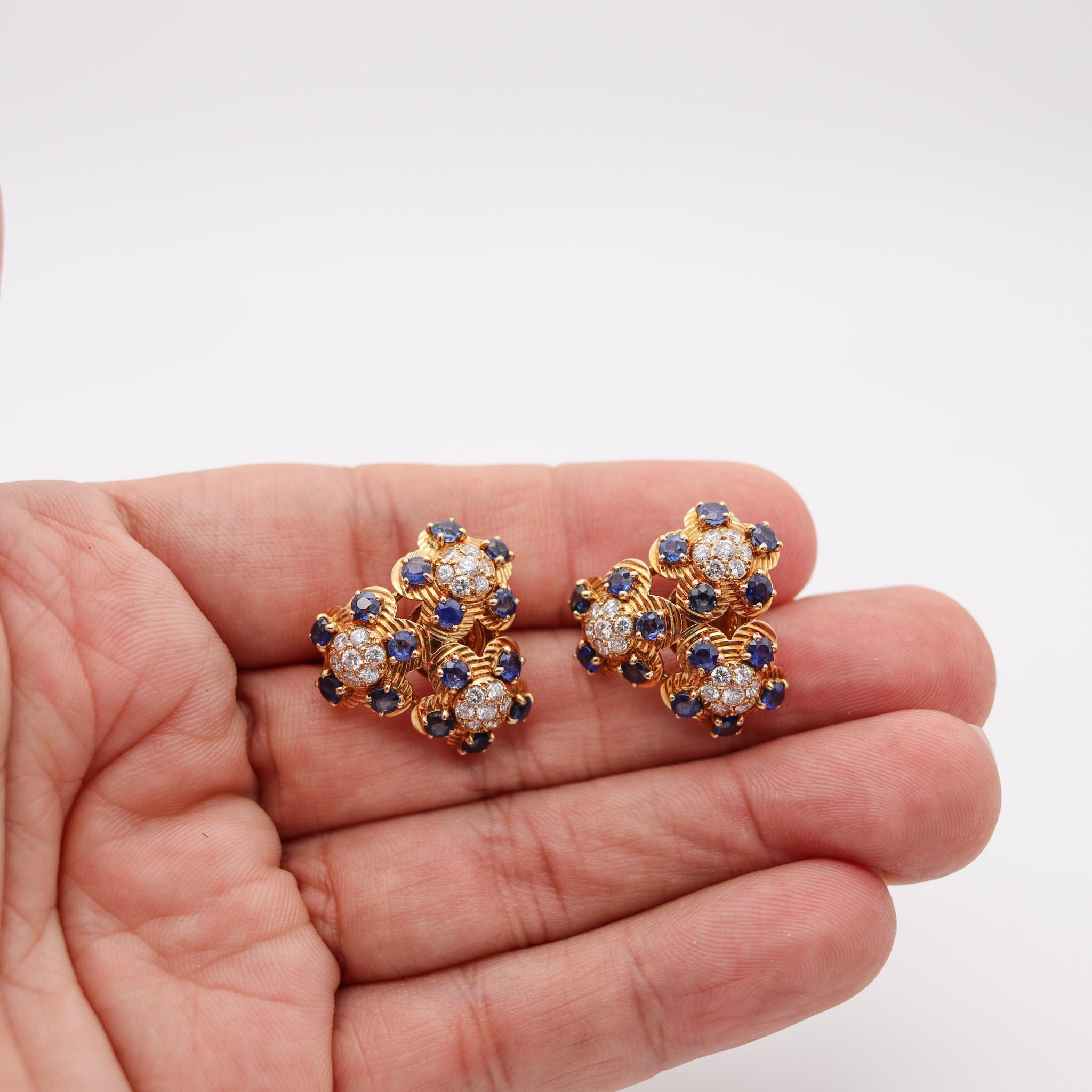 CARTIER 1950 Clips Earrings In  18Kt Gold With 4.26 Ctw In Diamonds & Sapphires For Sale 4