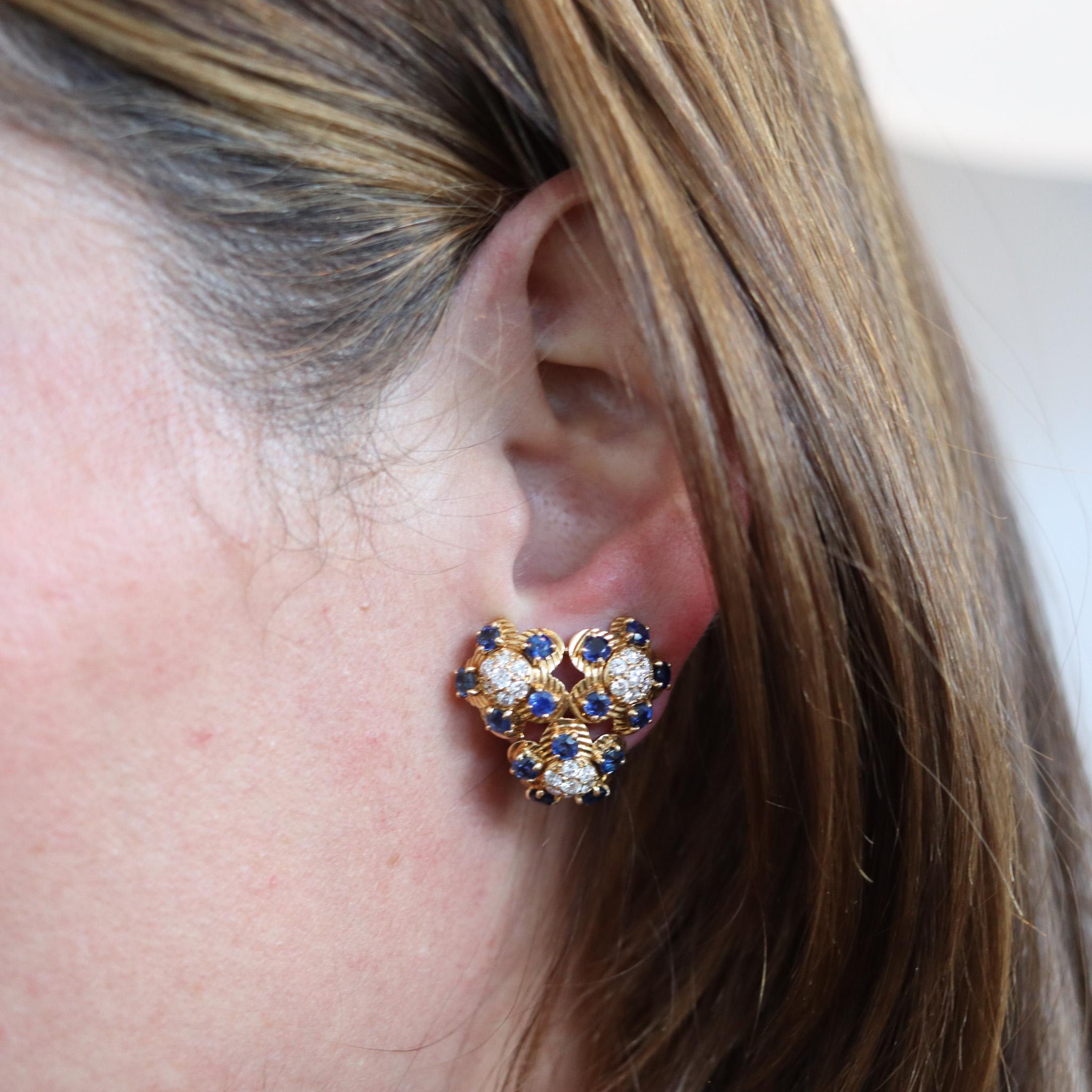CARTIER 1950 Clips Earrings In  18Kt Gold With 4.26 Ctw In Diamonds & Sapphires For Sale 5