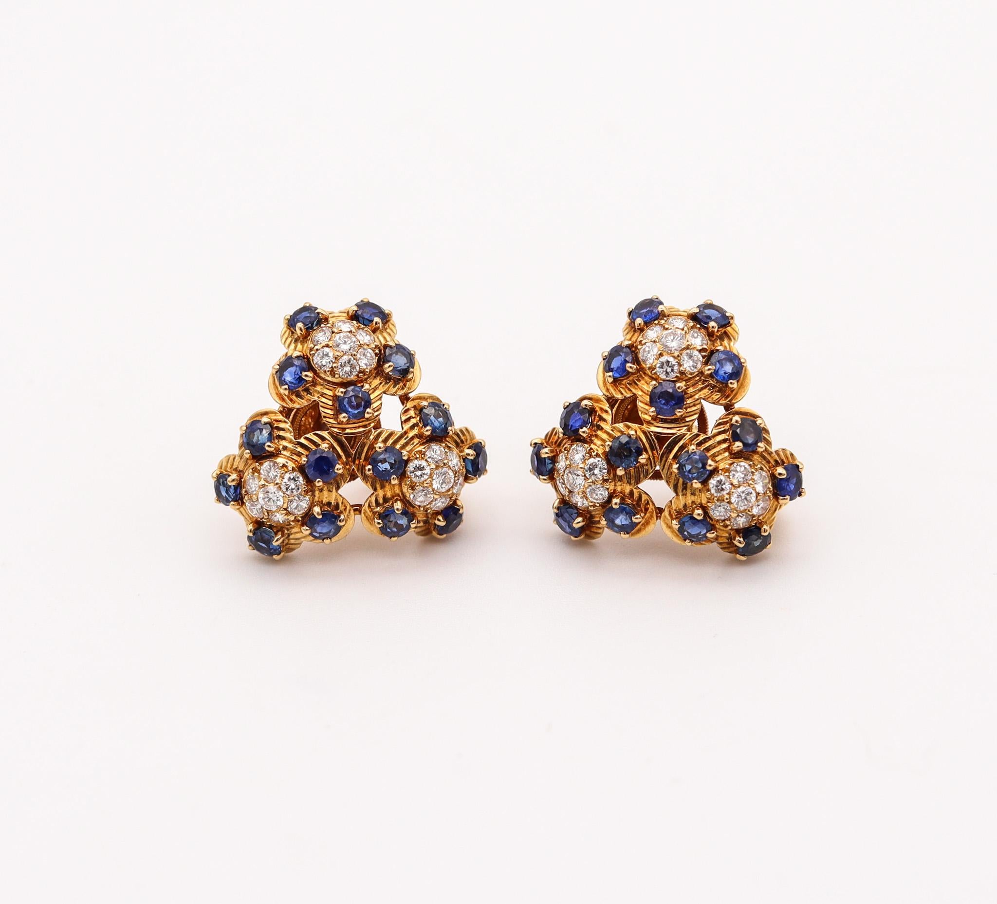 CARTIER 1950 Clips Earrings In  18Kt Gold With 4.26 Ctw In Diamonds & Sapphires In Excellent Condition For Sale In Miami, FL