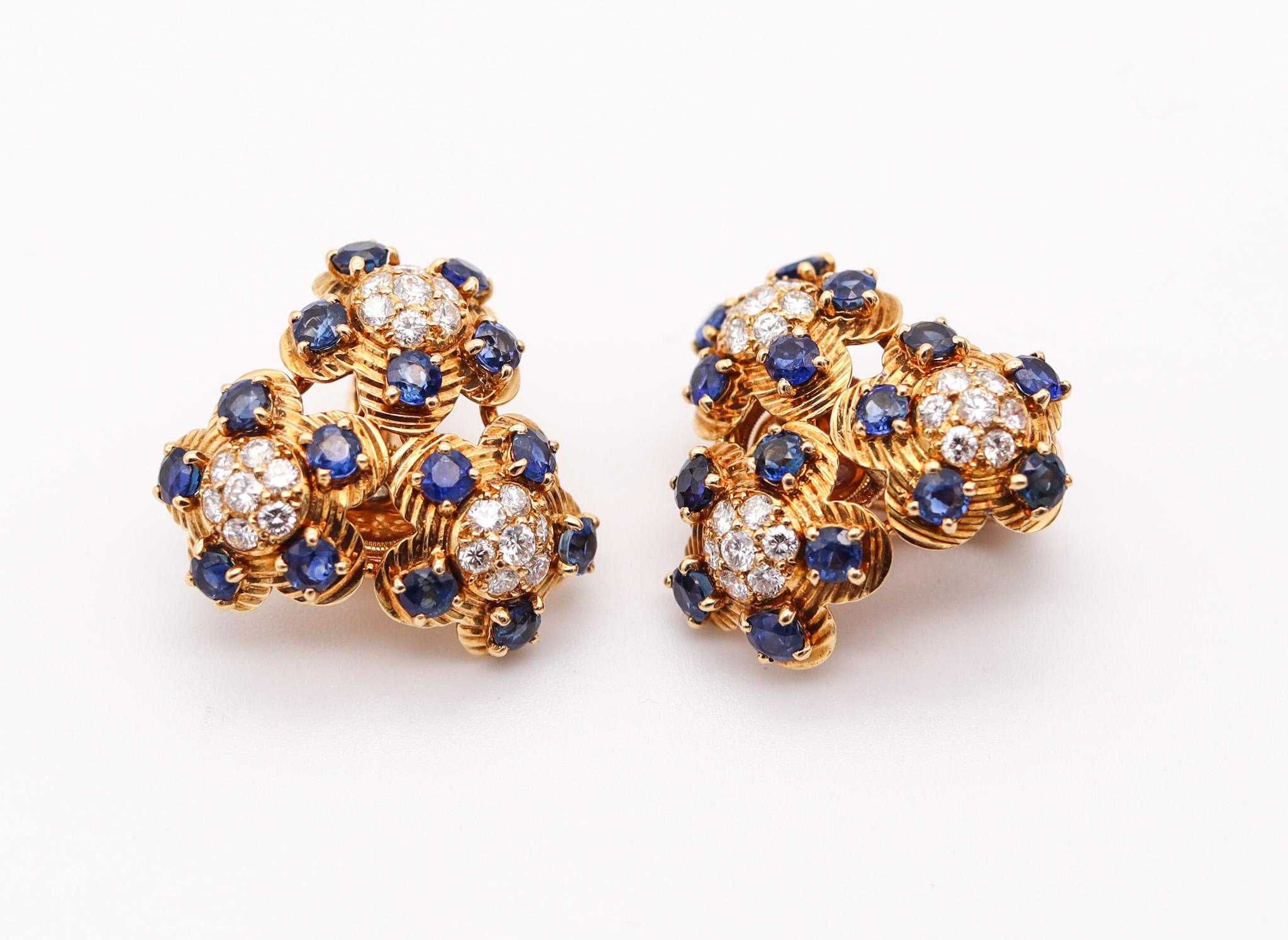 CARTIER 1950 Clips Earrings In  18Kt Gold With 4.26 Ctw In Diamonds & Sapphires For Sale 1
