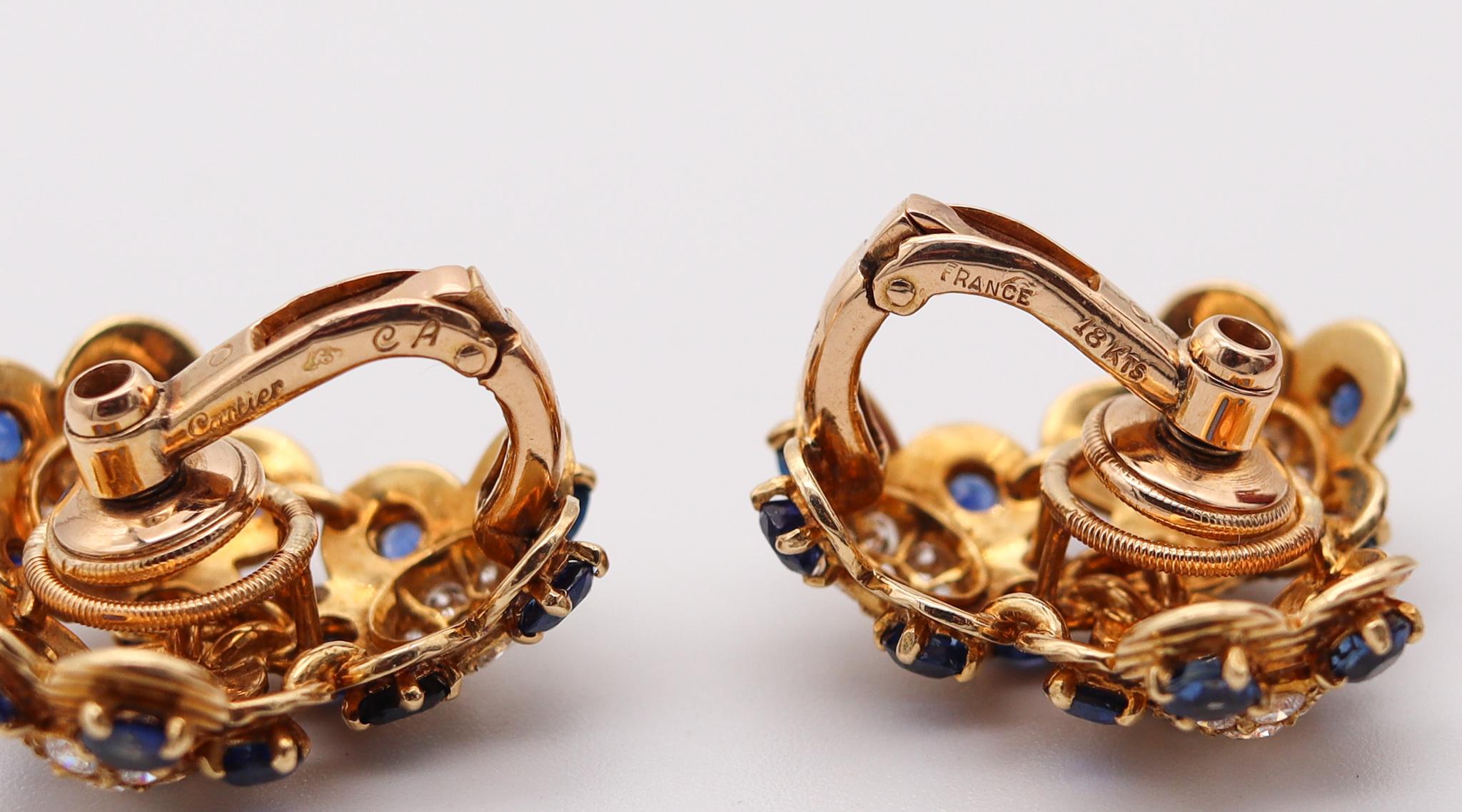 CARTIER 1950 Clips Earrings In  18Kt Gold With 4.26 Ctw In Diamonds & Sapphires For Sale 3