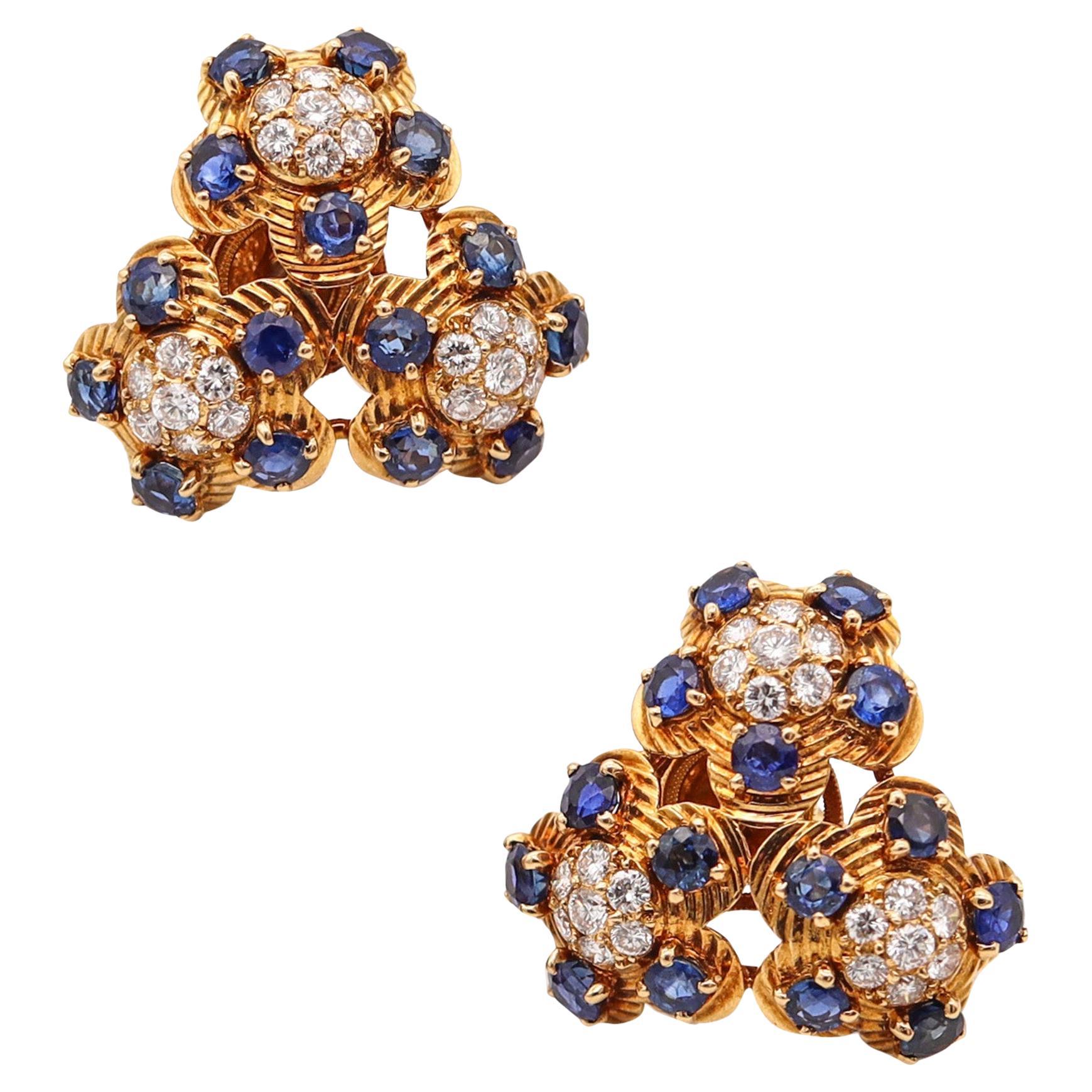 CARTIER 1950 Clips Earrings In  18Kt Gold With 4.26 Ctw In Diamonds & Sapphires