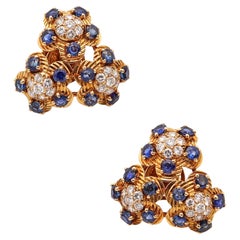 CARTIER 1950 Pendientes Clips En  Oro de 18 quilates con 4,26 quilates de diamantes y zafiros