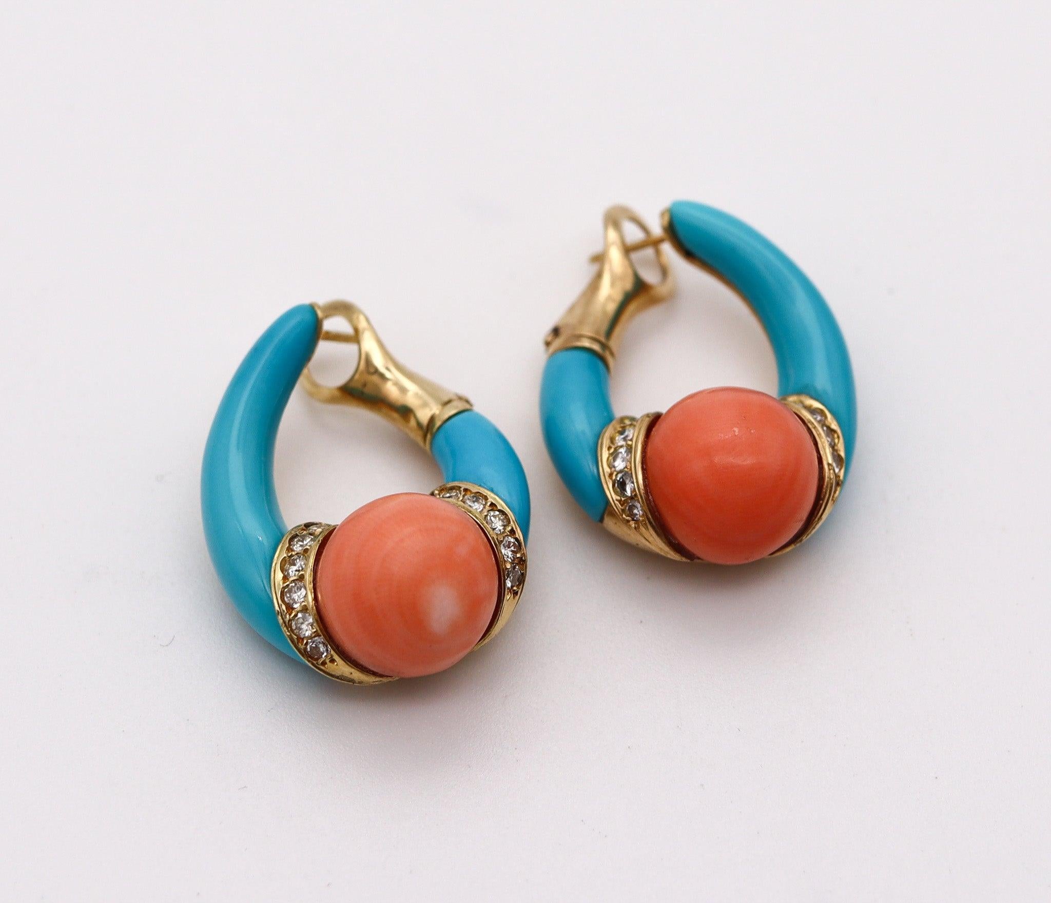 Modernist CARTIER 1950 Hoops Earrings In Solid 18Kt Gold With Diamonds, Turquoise & Corals