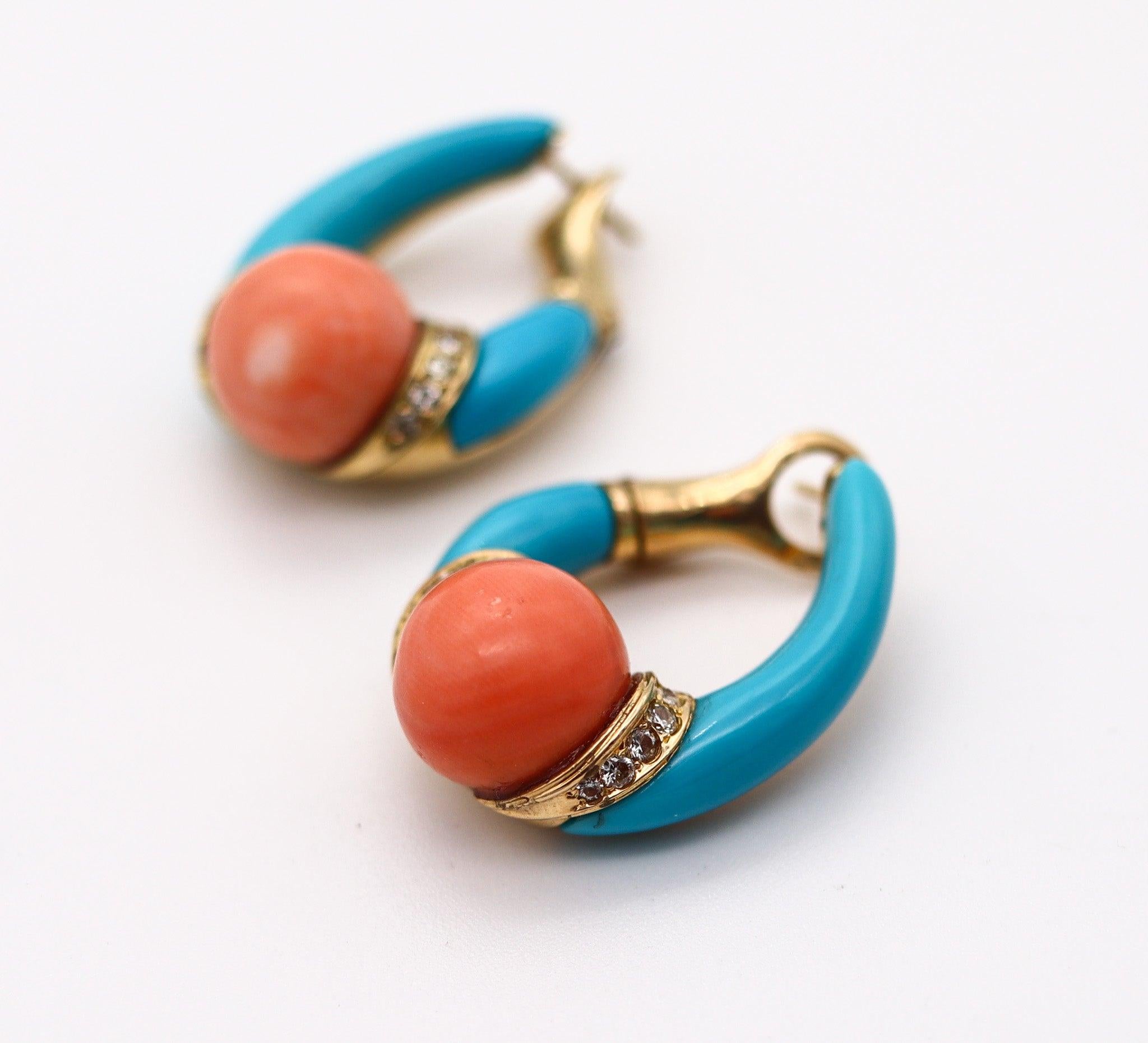 Cabochon CARTIER 1950 Hoops Earrings In Solid 18Kt Gold With Diamonds, Turquoise & Corals