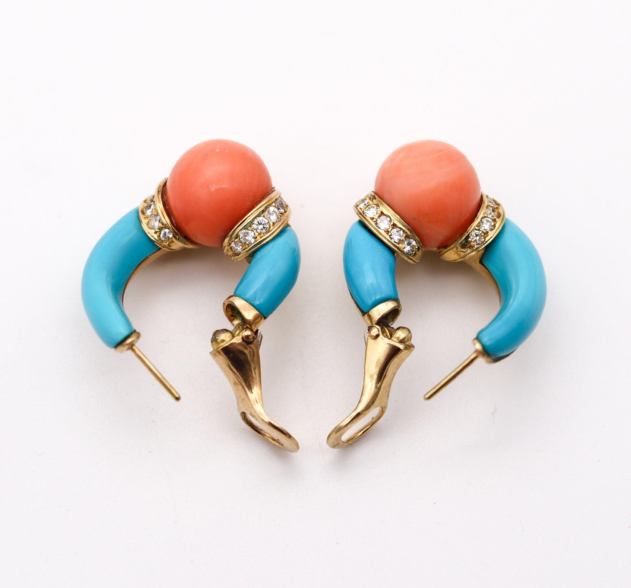 CARTIER 1950 Hoops Earrings In Solid 18Kt Gold With Diamonds, Turquoise & Corals In Excellent Condition In Miami, FL