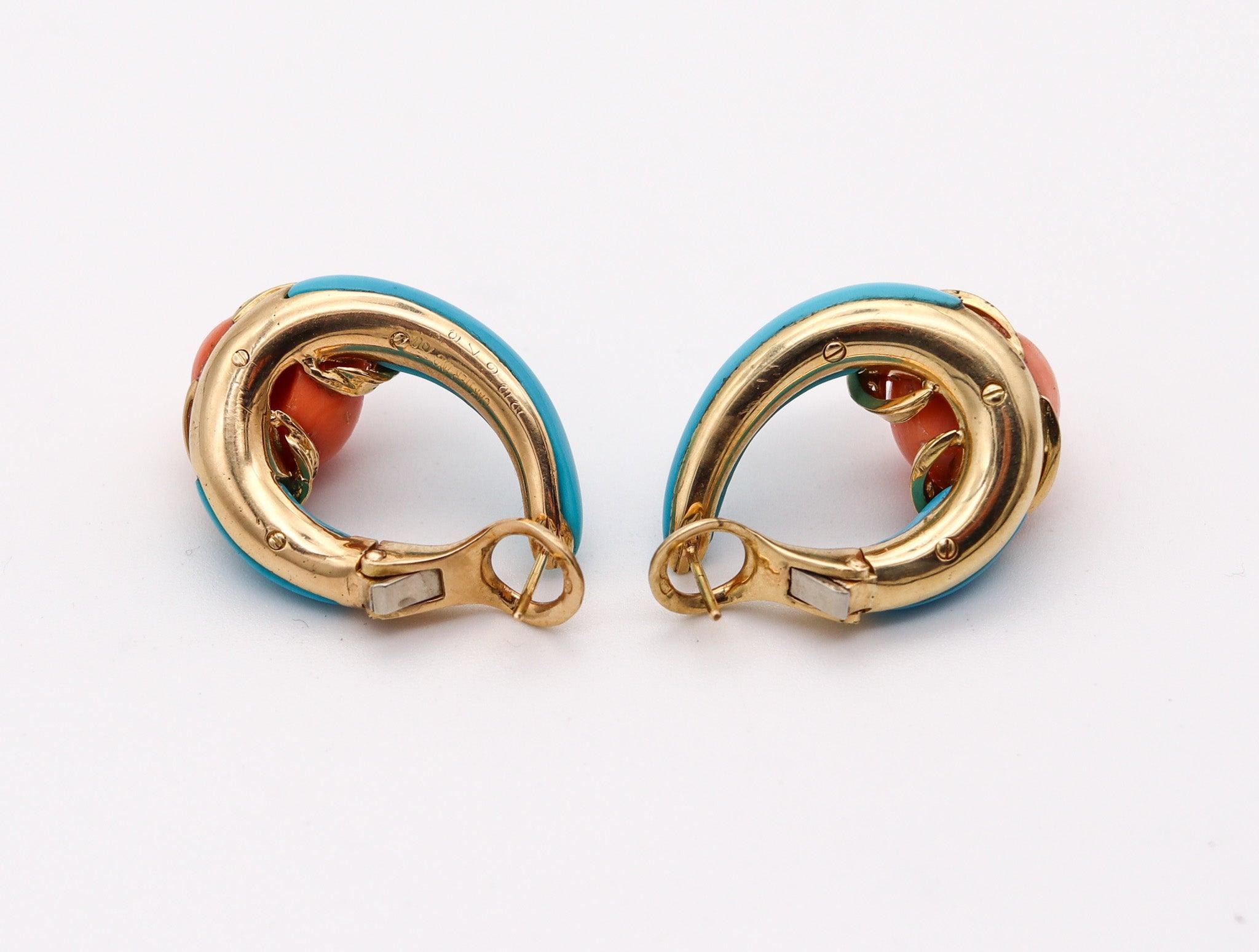 Women's CARTIER 1950 Hoops Earrings In Solid 18Kt Gold With Diamonds, Turquoise & Corals