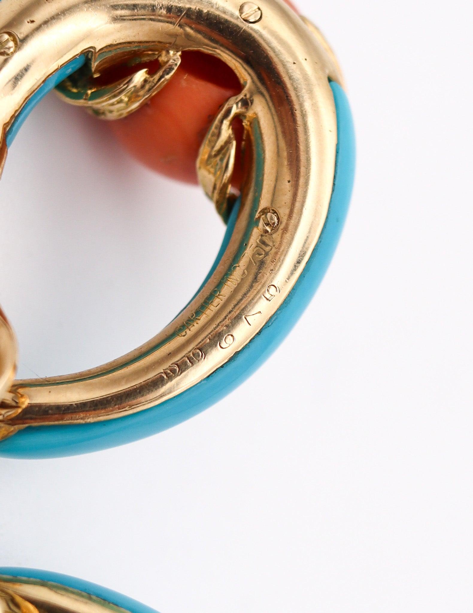 CARTIER 1950 Hoops Earrings In Solid 18Kt Gold With Diamonds, Turquoise & Corals 1