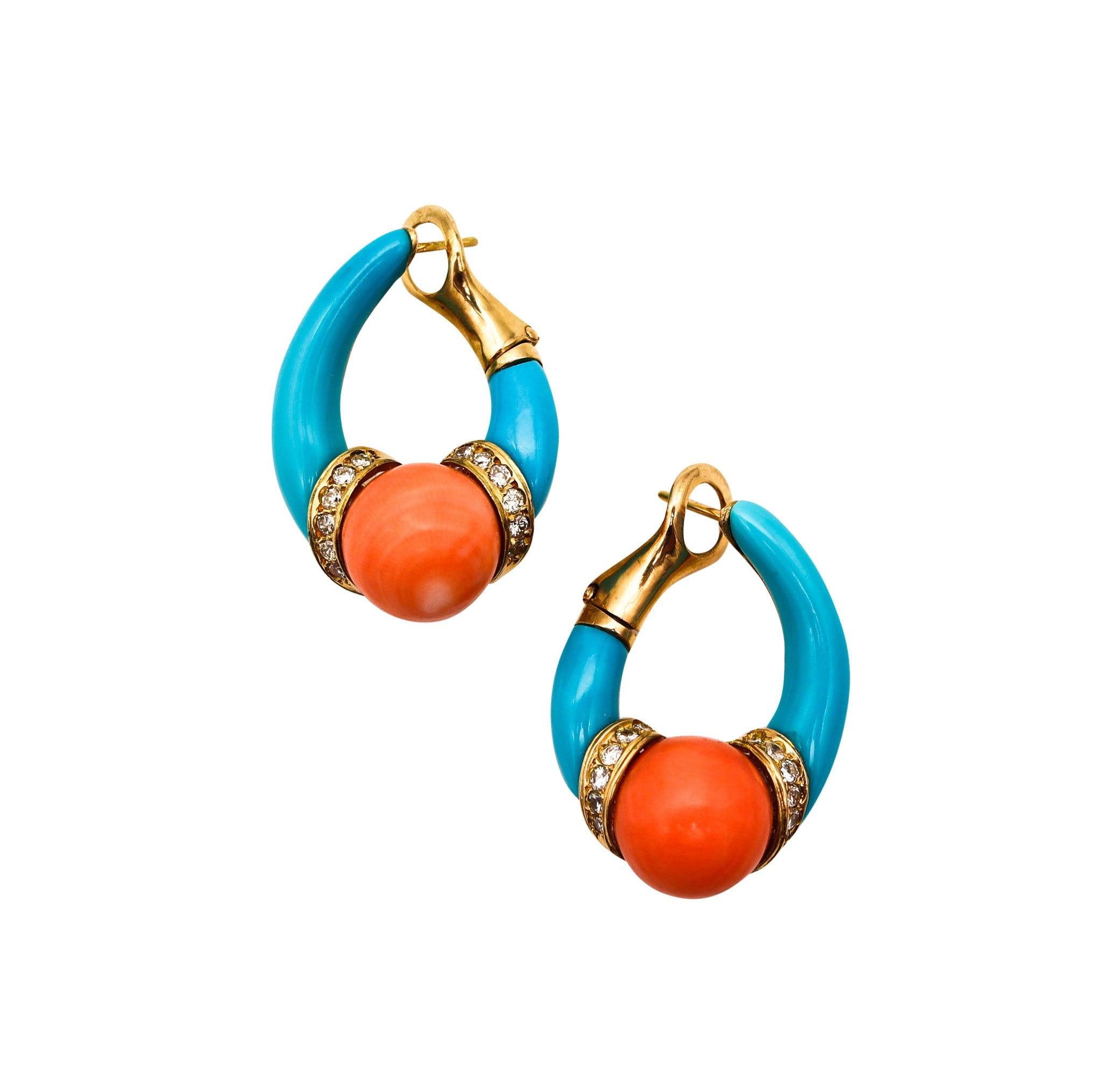 CARTIER 1950 Hoops Earrings In Solid 18Kt Gold With Diamonds, Turquoise & Corals 2