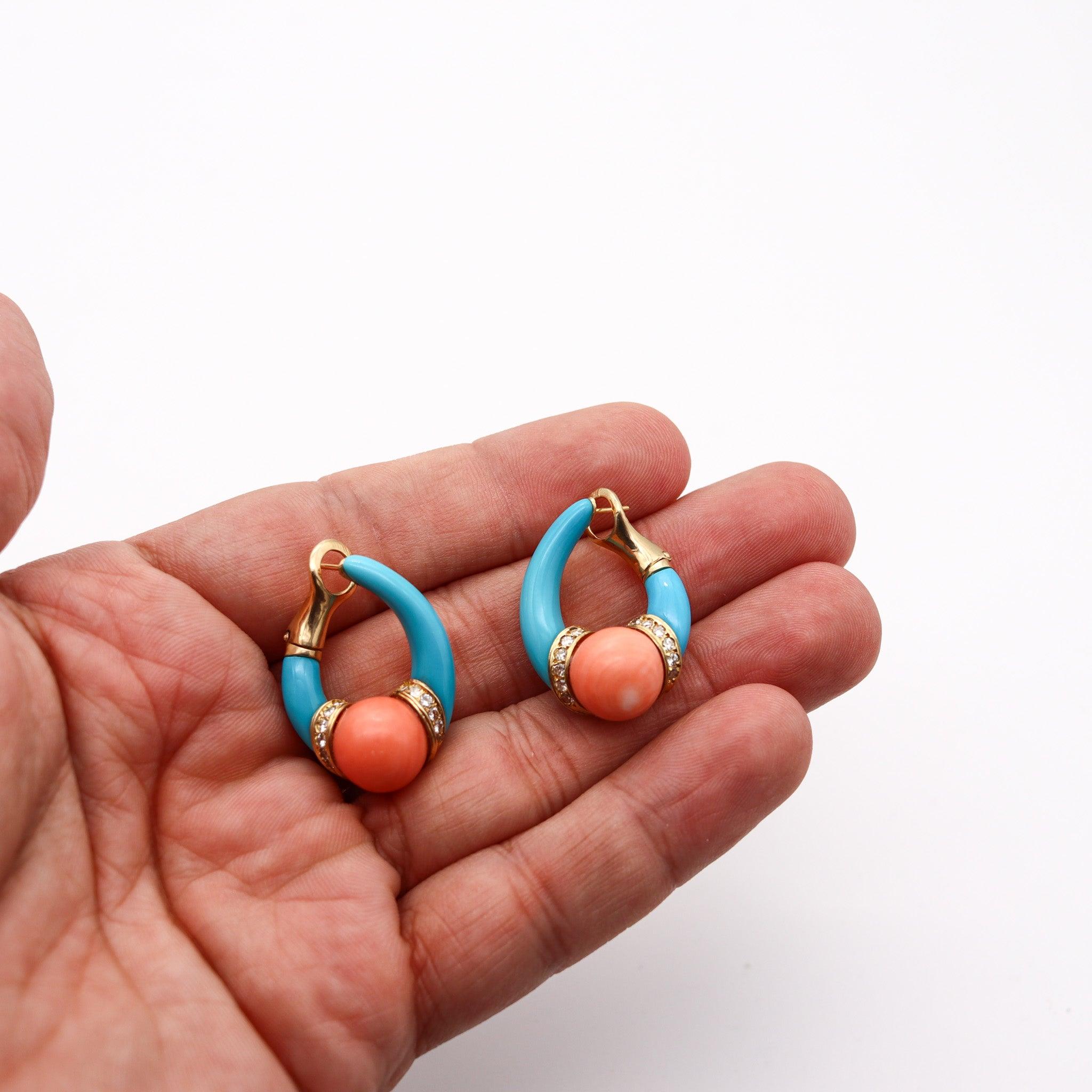 CARTIER 1950 Hoops Earrings In Solid 18Kt Gold With Diamonds, Turquoise & Corals 3