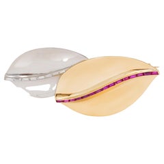 Cartier 1950's Diamond Ruby 18 Karat Two-Tone Gold Vintage Leaf Brooch