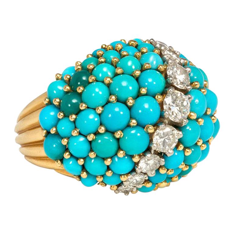 Cartier 1950s Gold, Turquoise, and Diamond Ring of Domed Design