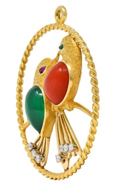 Cartier 1950's Multi-Gem Diamond Platinum 14K Gold Vintage Lovebirds Pendant