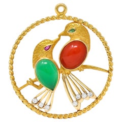 Cartier 1950's Multi-Gem Diamond Platinum 14K Gold Vintage Lovebirds Pendant
