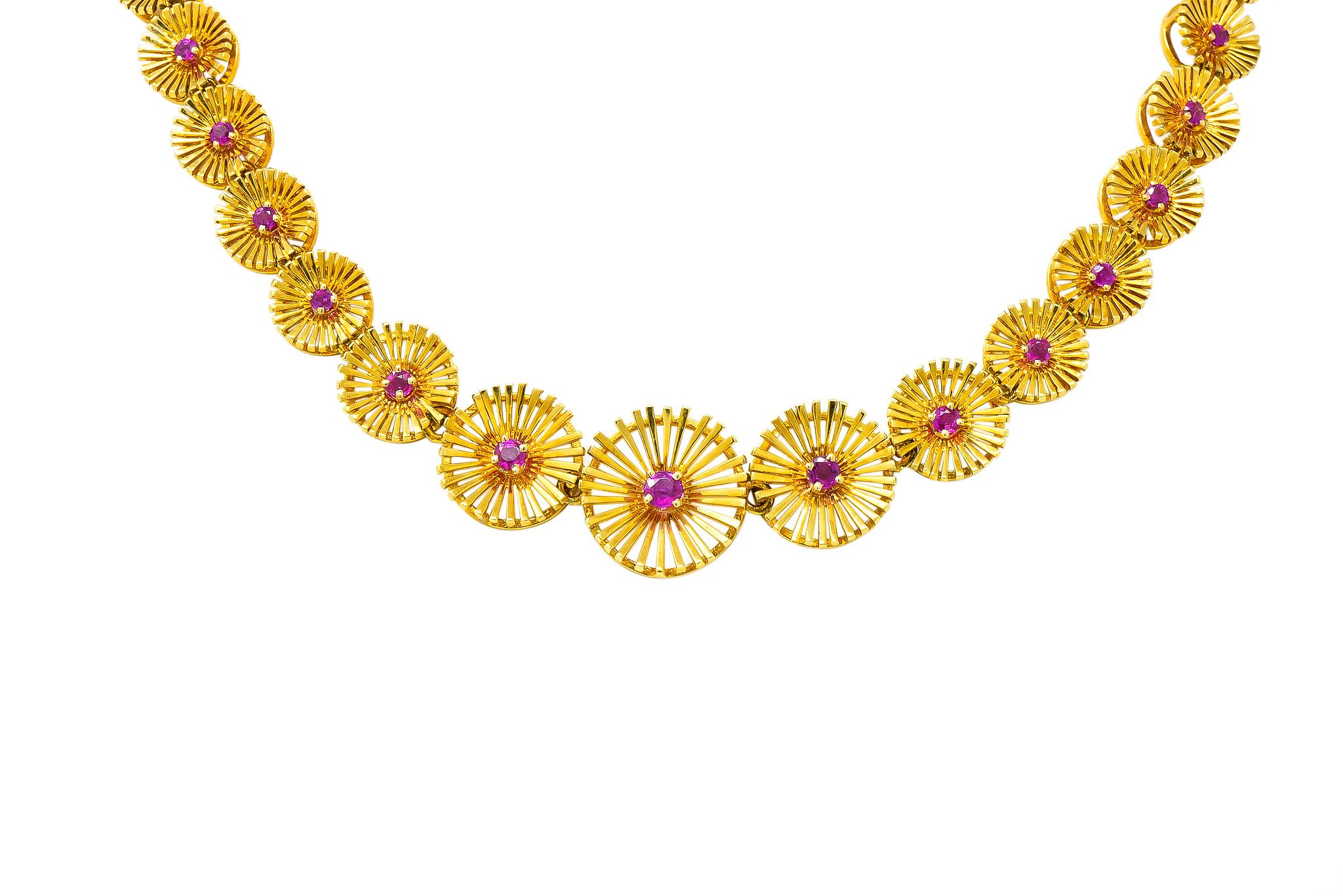 Cartier 1950s Retro Ruby 18 Karat Yellow Gold Flower Disc Collar Necklace In Excellent Condition In Philadelphia, PA