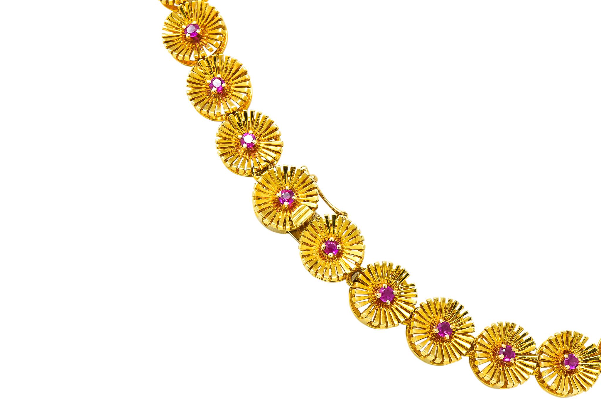 Cartier 1950s Retro Ruby 18 Karat Yellow Gold Flower Disc Collar Necklace 1