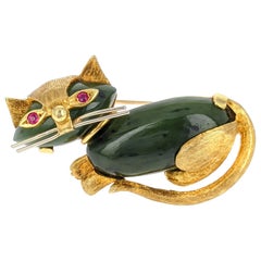 Cartier 1955 Nephrite Ruby Gold Cat Pin Brooch