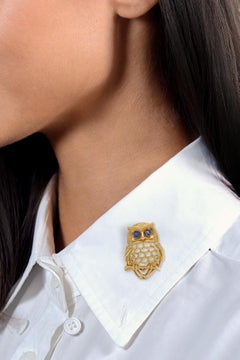 Cartier 1958 Sapphire 18 Karat Yellow Gold Vintage Owl Brooch