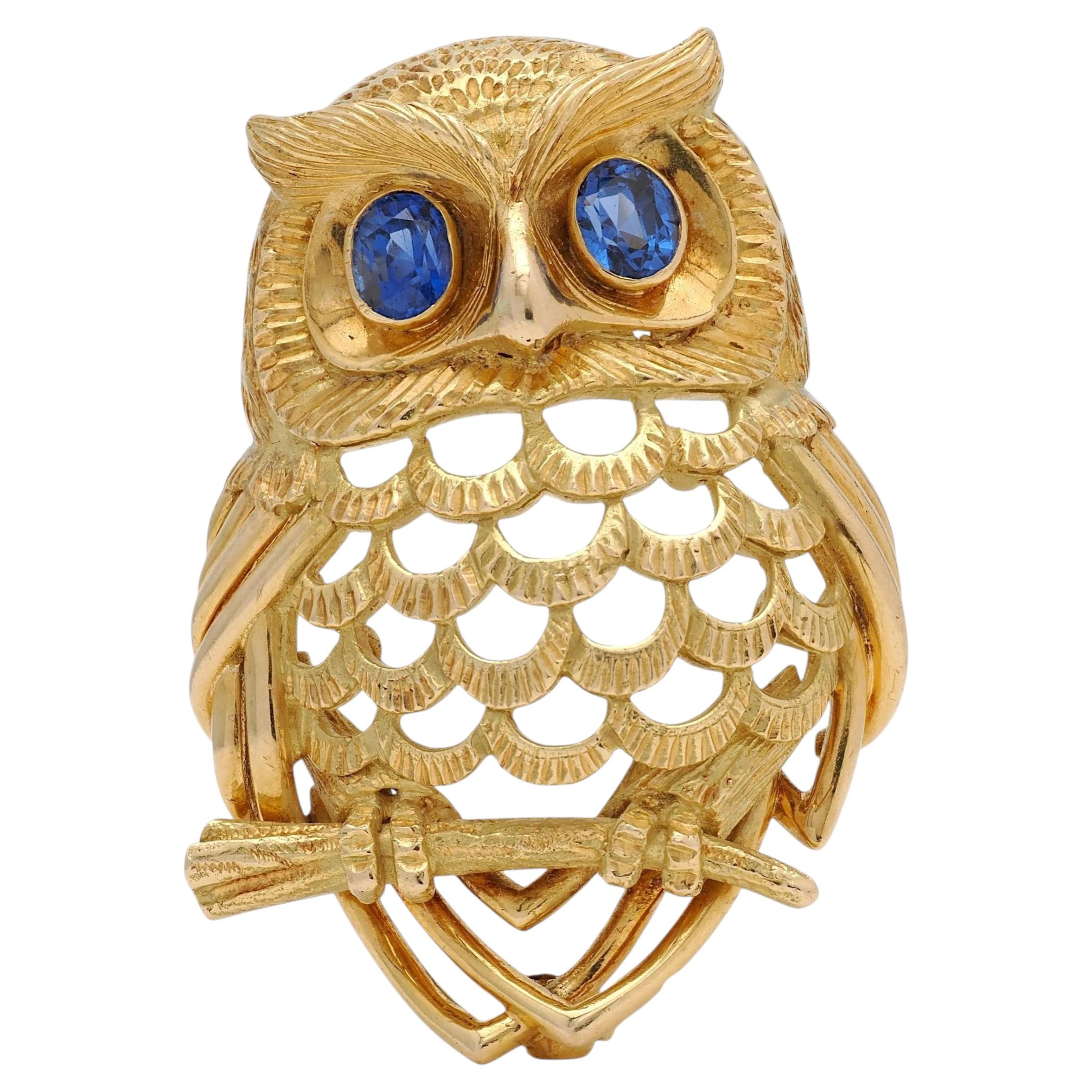 Cartier 1958 Zafiro Oro Amarillo 18 Kilates Broche Búho Vintage