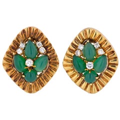 Cartier 1960 18 Karat Yellow Gold Green Cabochon and Diamond Earrings