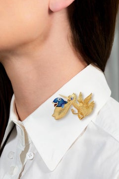 Cartier 1960 Enamel 18K Gold Platinum Vintage Whimsical Pelican Bird Fish Brooch
