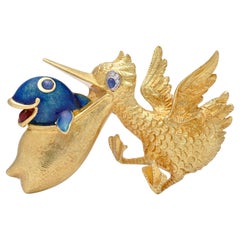 Cartier 1960 Enamel 18K Gold Platinum Vintage Whimsical Pelican Bird Fish Brooch