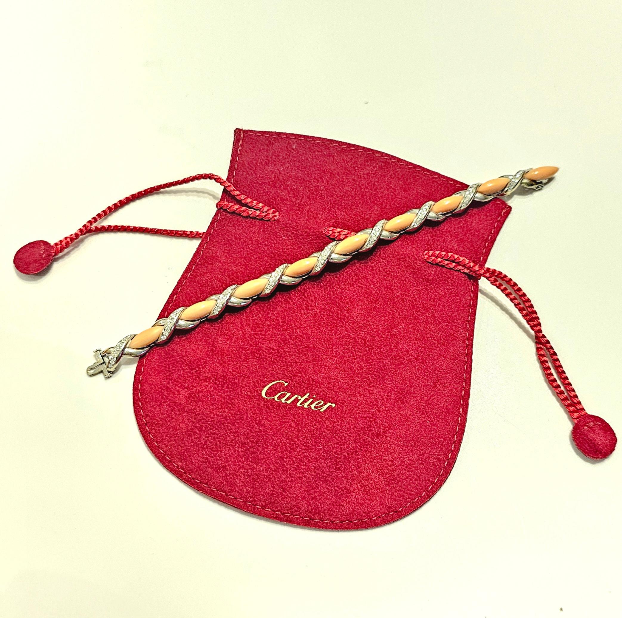 Cartier 1960 Paris Bracelet In 18Kt Gold With 19.68 Ctw Diamonds & Natural Coral For Sale 3