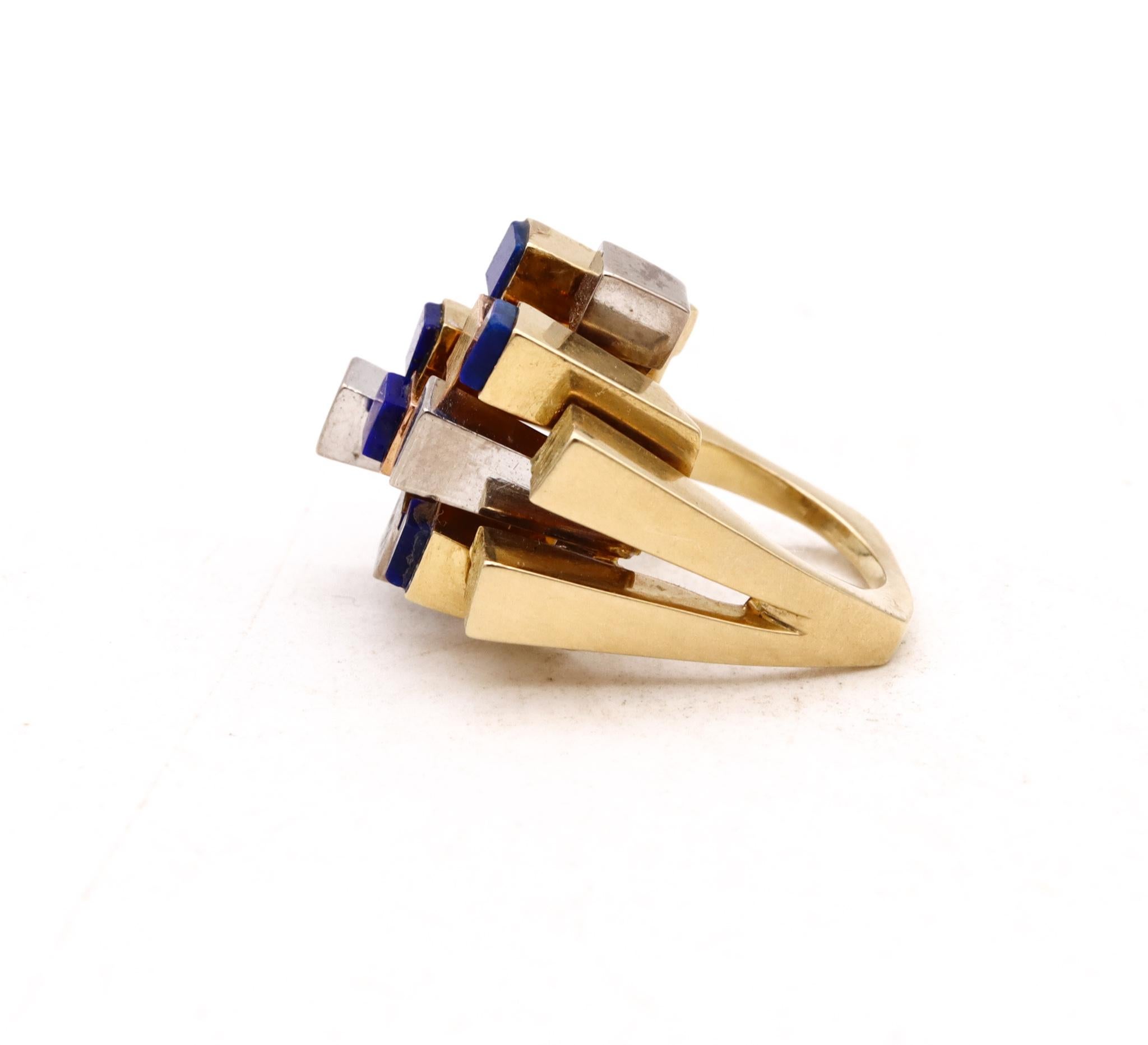 Mixed Cut Cartier 1960 Rare Cubism Geometric Cocktail Ring 18Kt Gold Carved Lapis Lazuli