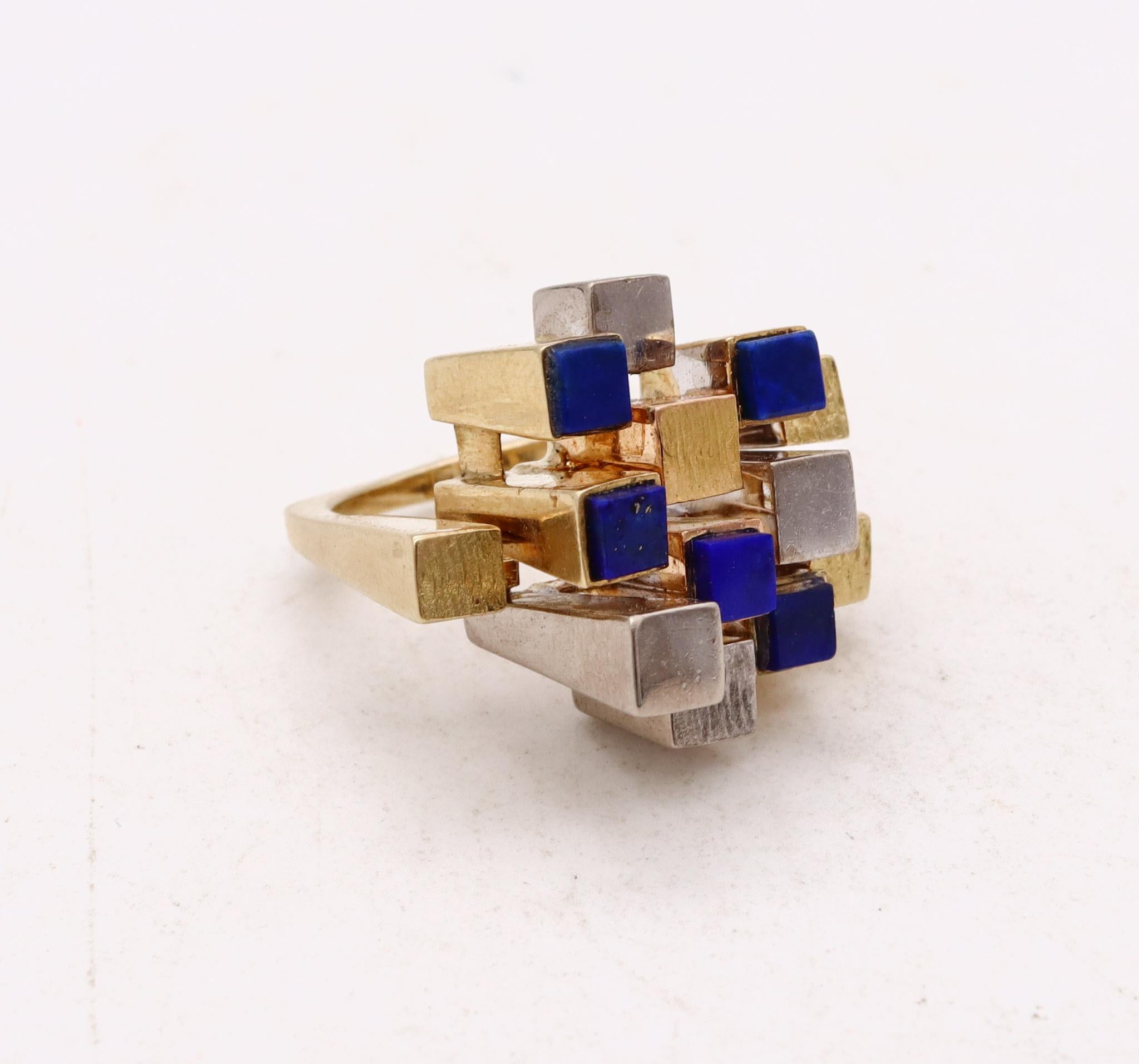 Cartier 1960 Rare Cubism Geometric Cocktail Ring 18Kt Gold Carved Lapis Lazuli In Excellent Condition In Miami, FL