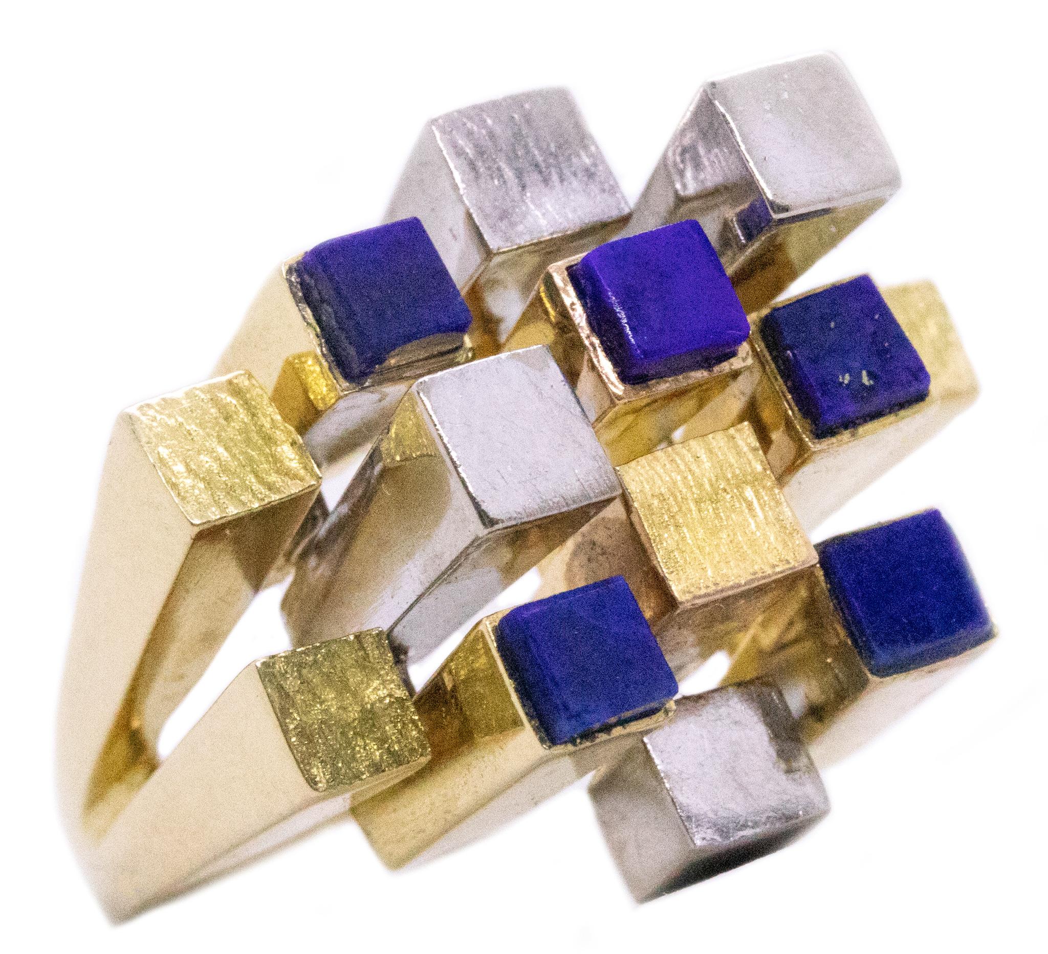 Women's or Men's Cartier 1960 Rare Cubism Geometric Cocktail Ring 18Kt Gold Carved Lapis Lazuli