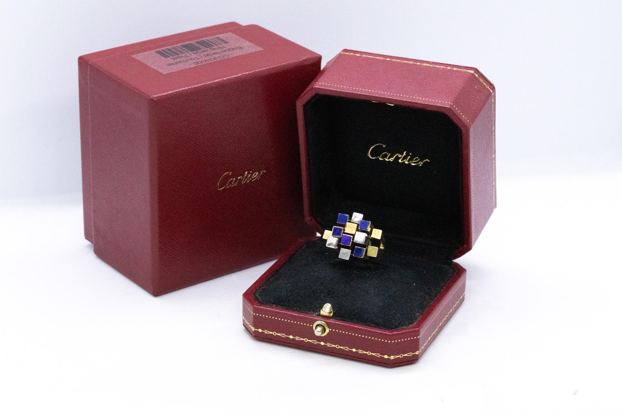 Cartier 1960 Rare Cubism Geometric Cocktail Ring 18Kt Gold Carved Lapis Lazuli 1