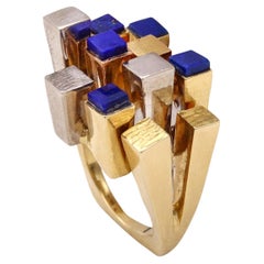 Cartier 1960 Rare Cubism Geometric Cocktail Ring 18Kt Gold Carved Lapis Lazuli