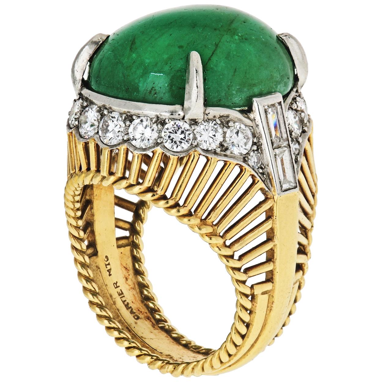 Cartier 1960s Cocktail Ring with 15 Carat Green Cabochon-Cut Emerald
