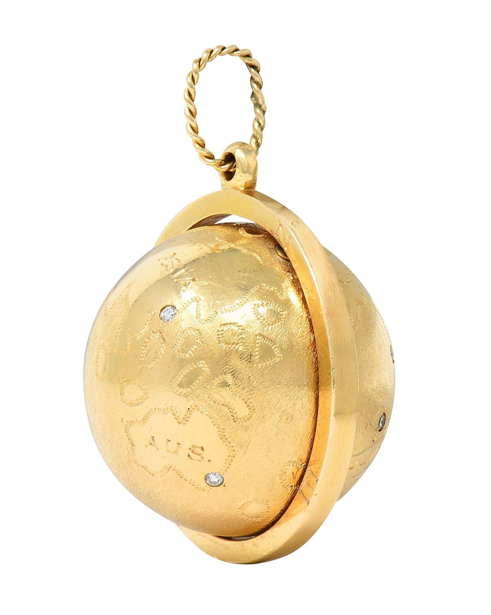 Brilliant Cut Cartier 1960's Diamond 14 Karat Yellow Gold Spinning World Globe Pendant