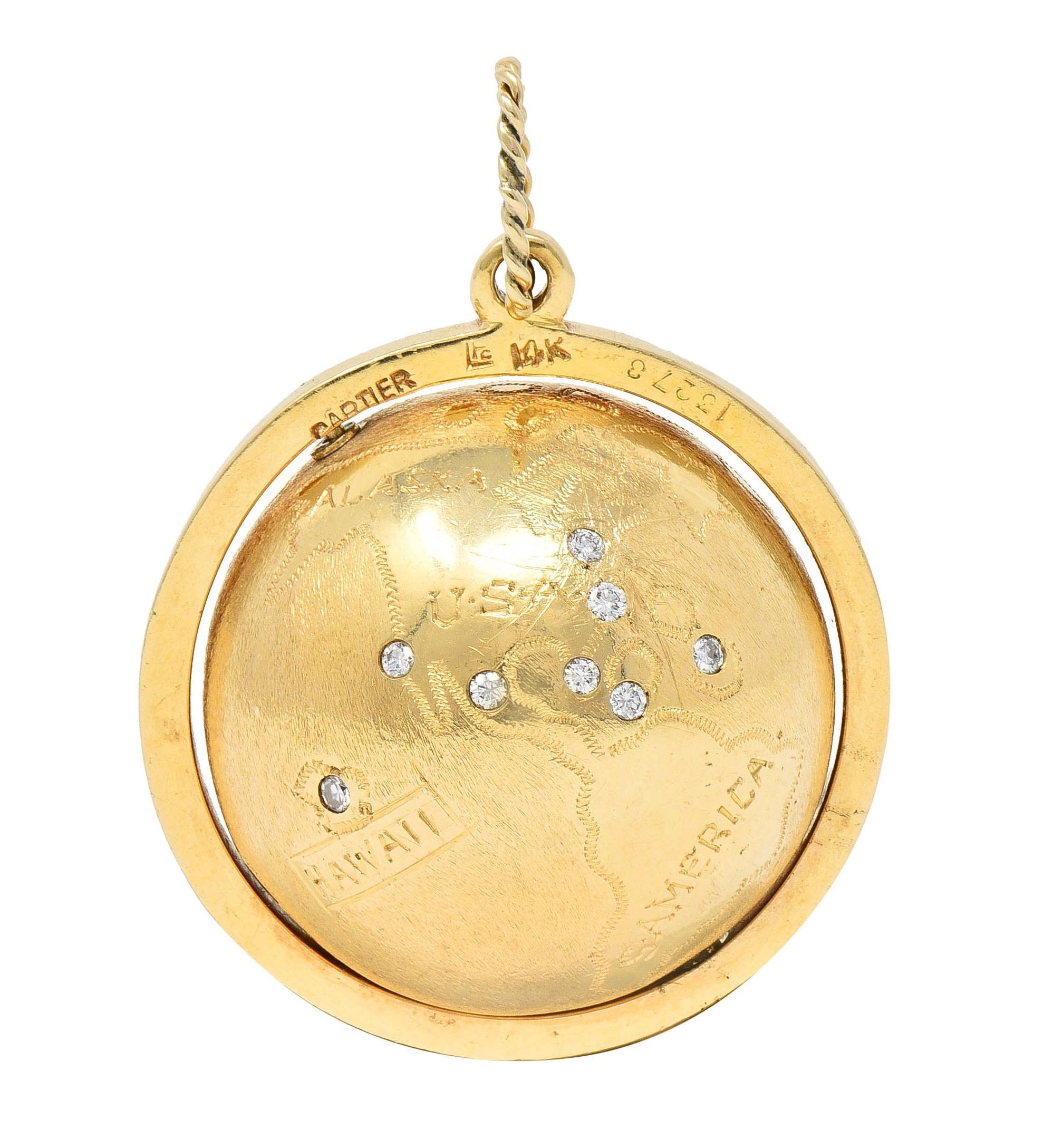 Cartier 1960's Diamond 14 Karat Yellow Gold Spinning World Globe Pendant In Excellent Condition In Philadelphia, PA