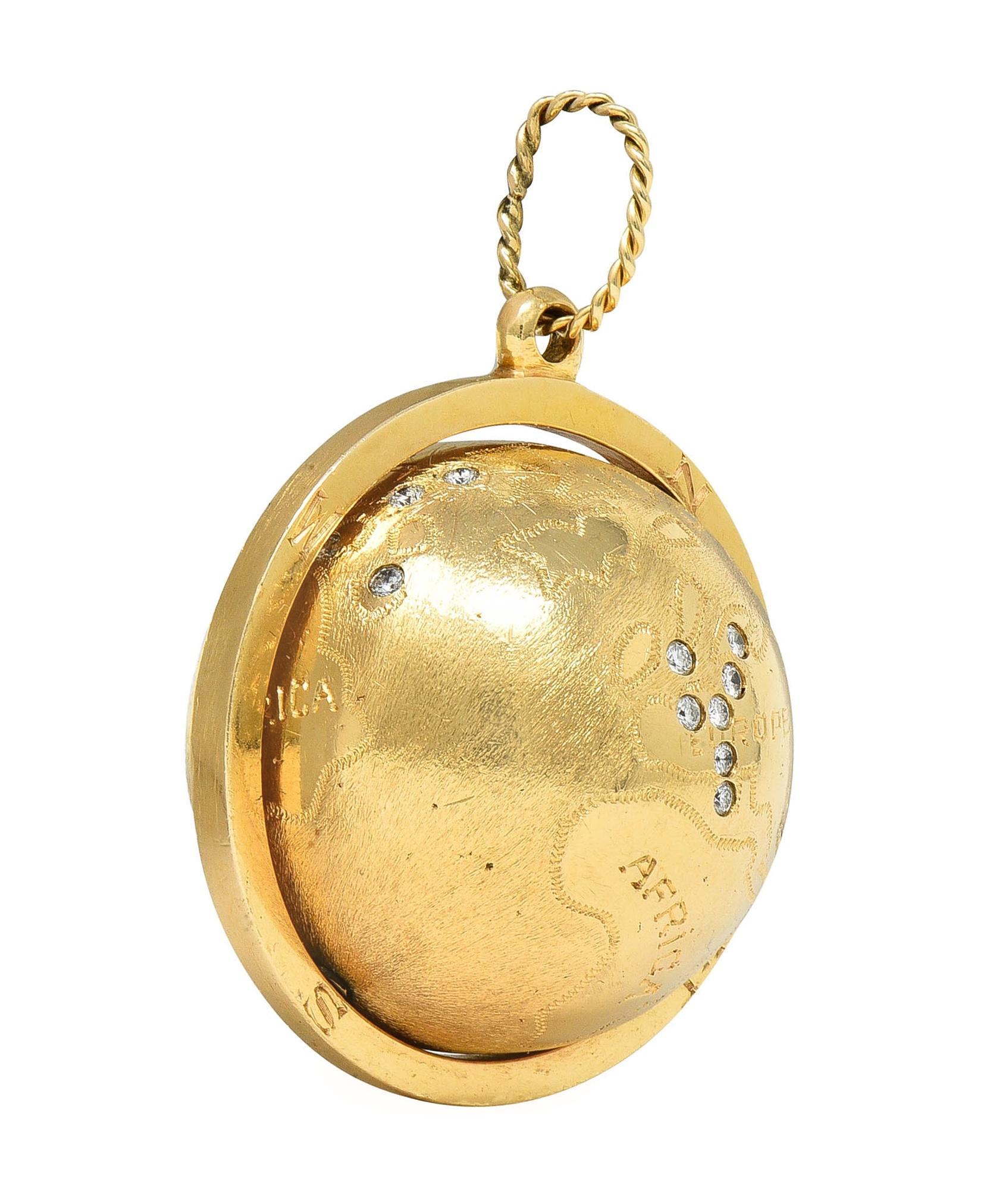 Women's or Men's Cartier 1960's Diamond 14 Karat Yellow Gold Spinning World Globe Pendant