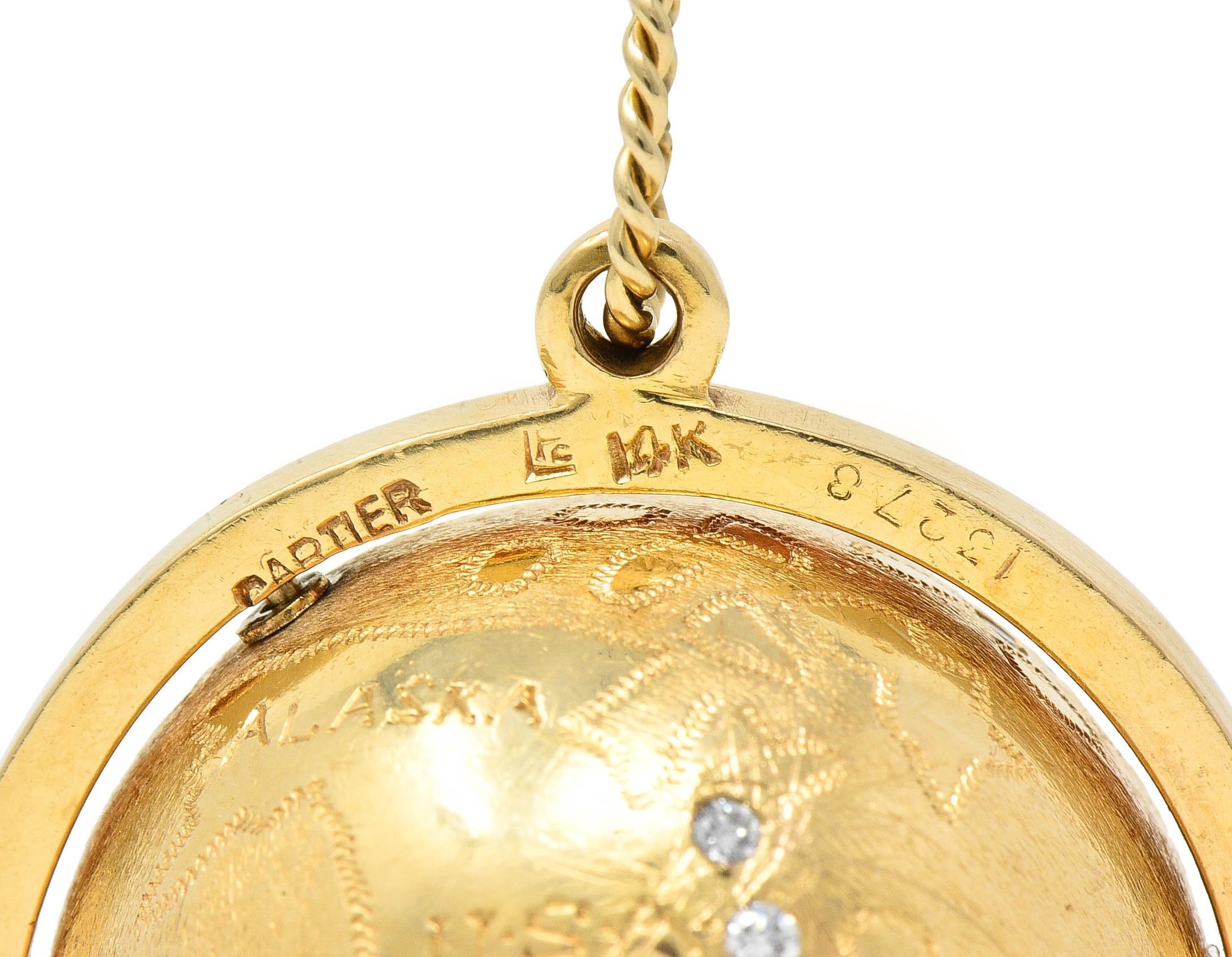 Cartier 1960's Diamond 14 Karat Yellow Gold Spinning World Globe Pendant 1