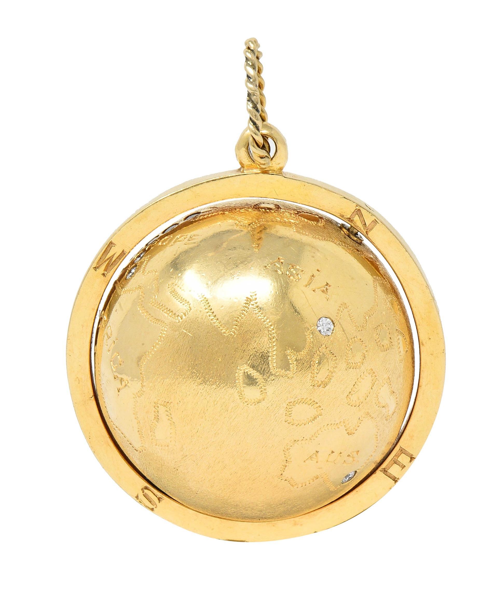 Cartier 1960's Diamond 14 Karat Yellow Gold Spinning World Globe Pendant 4